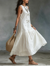 Vestido Maxi Boho de Algodón y Lino con Estampado de Libélulas