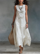 Vestido Maxi Boho de Algodón y Lino con Estampado de Libélulas