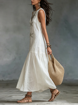 Vestido Maxi Boho de Algodón y Lino con Estampado de Libélulas