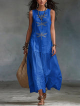 Vestido Maxi Boho de Algodón y Lino con Estampado de Libélulas